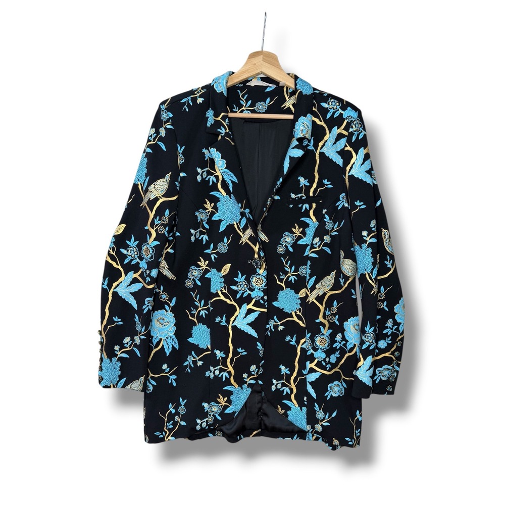 Soft Surroundings Black Gold Turquoise Chinoiserie Bird Floral Blazer Jacket L